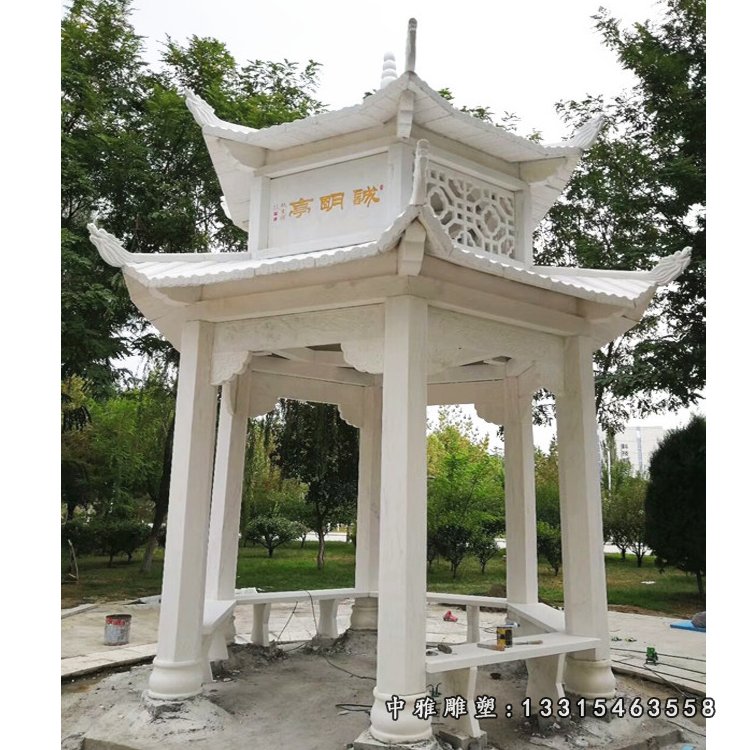 六角双层凉亭石雕 汉白玉公园凉亭 (2)