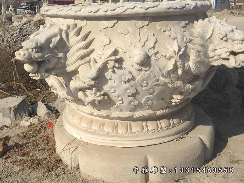 汉白玉龙头花盆石雕