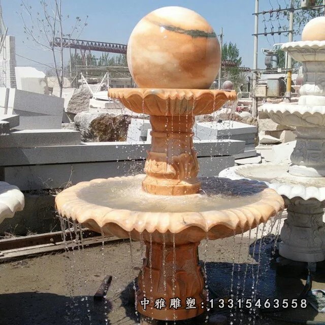 晚霞红风水球石雕，风水球喷泉