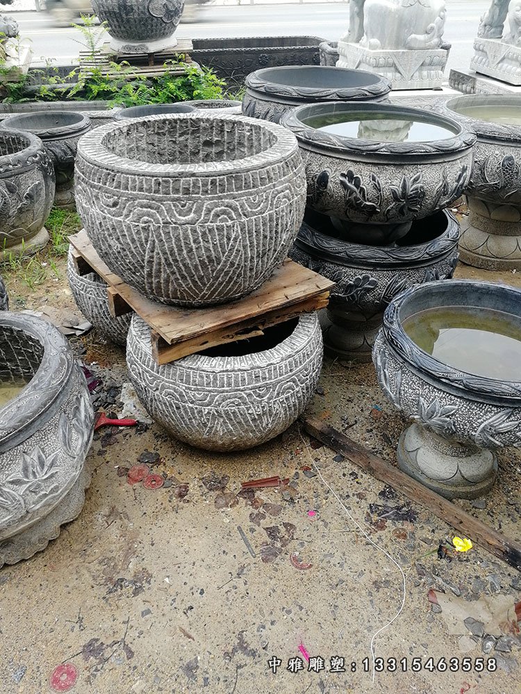青石莲花花盆 石雕庭院景观雕塑 (6)