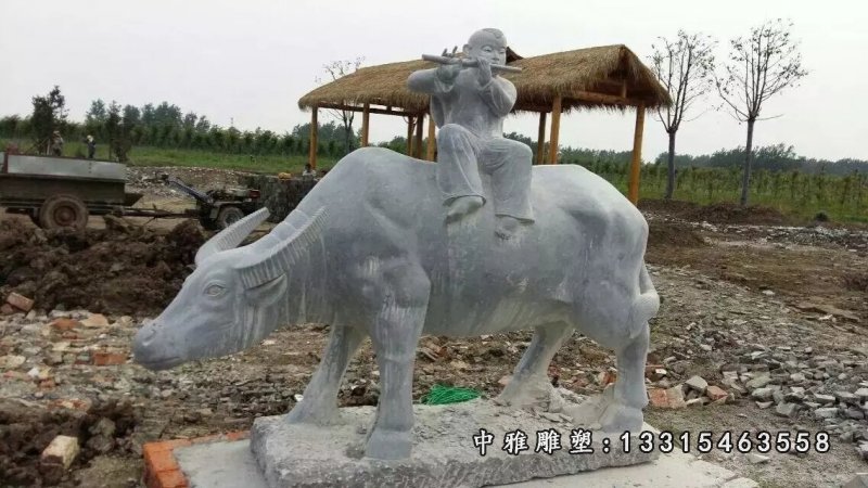 小孩放牛石雕，牧童吹笛石雕