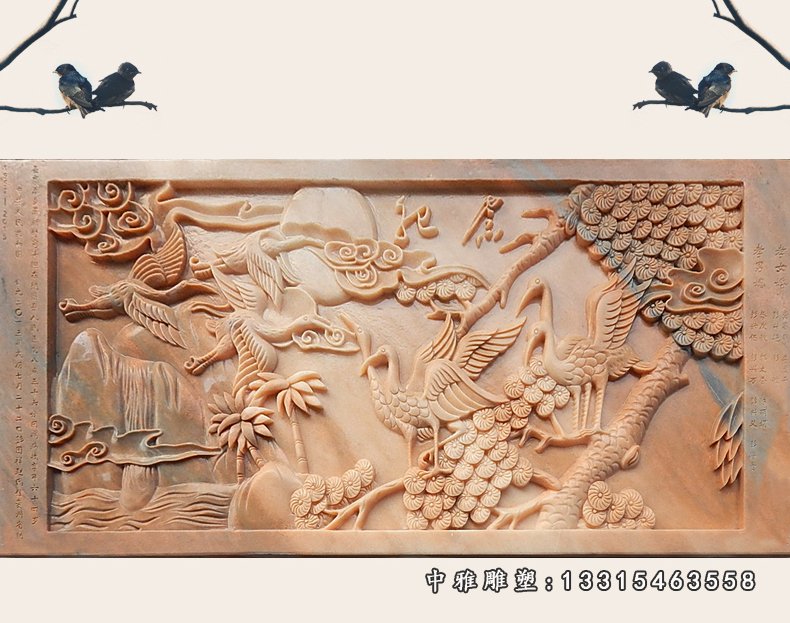 仙鹤壁画浮雕，园林景观石浮雕