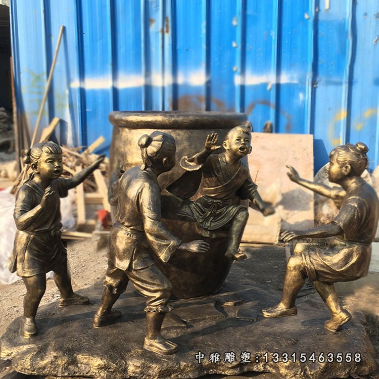 司马光砸缸历史典故雕塑玻璃钢仿铜人物摆件 (2)