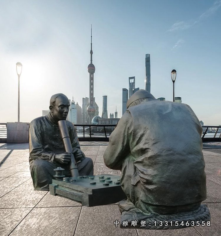 古人喝茶下棋雕塑，公园玻璃钢仿铜雕塑 (3)