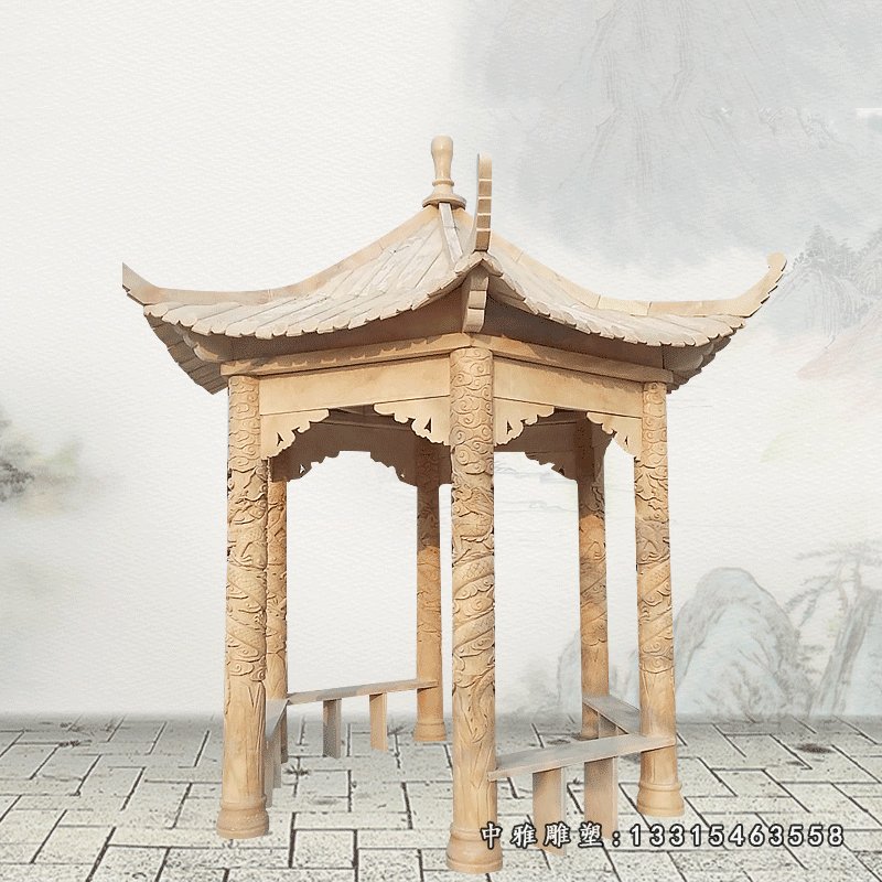 晚霞红龙浮雕六角凉亭