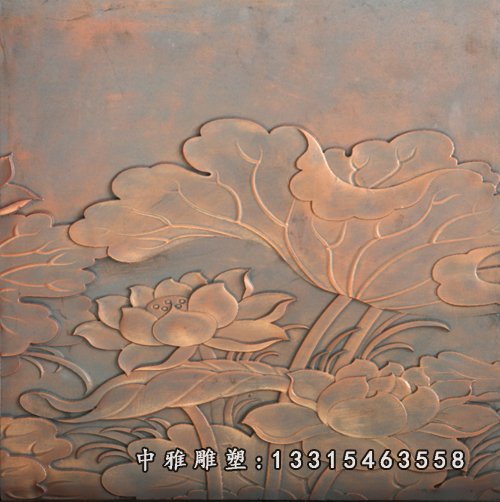 锻铜荷花浮雕，锻铜荷叶雕塑