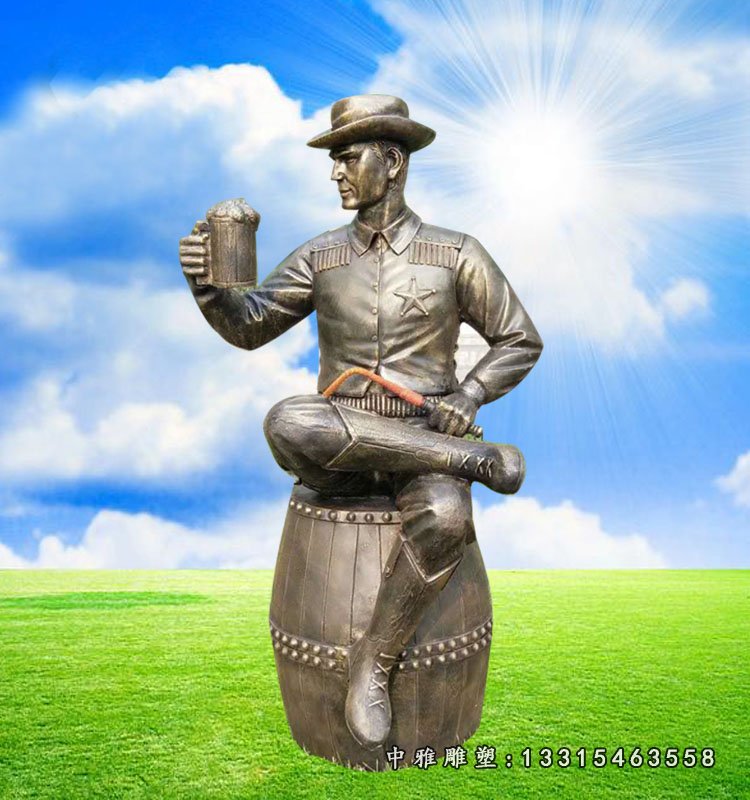 玻璃钢仿铜人物雕塑，西部牛仔喝酒人物雕塑 (2)
