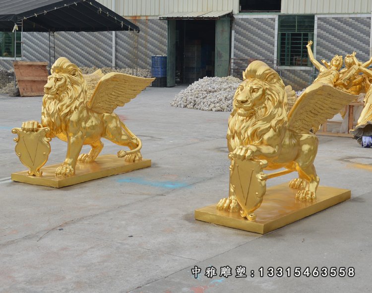 玻璃钢仿铜金色飞狮 欧式狮子雕塑 (2)