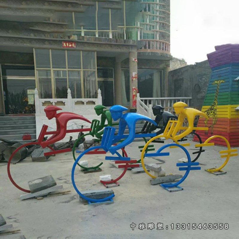 不锈钢抽象骑单车的人物雕塑，公园景观摆件