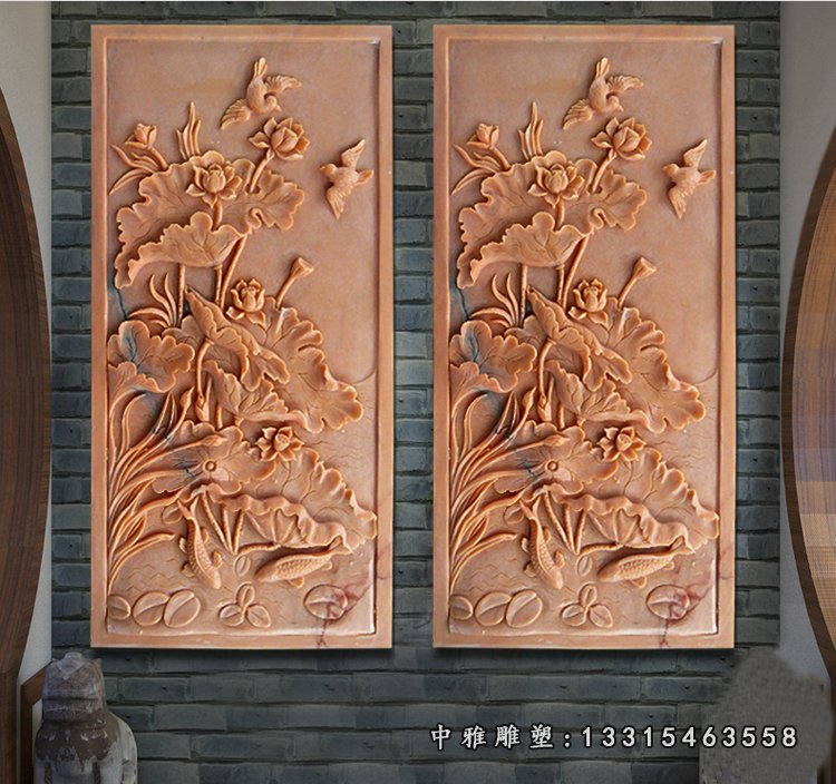 荷花鲤鱼浮雕壁画，公园景观石浮雕