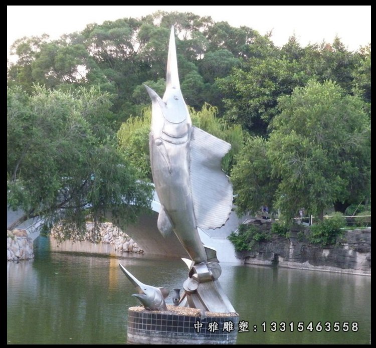 不锈钢抽象海豚喷泉 公园景观雕塑