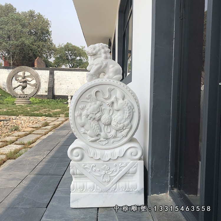 厂家直销汉白玉石门墩大理石门口招财貔貅青石做旧门墩抱鼓石摆件47467