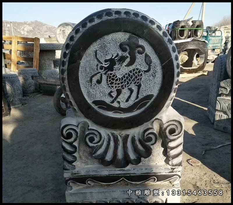 麒麟石浮雕抱鼓石雕塑，招财景观雕塑