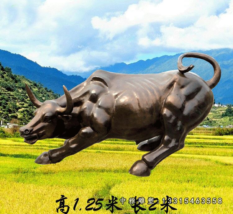 玻璃钢仿铜动物雕塑，华尔街牛雕塑