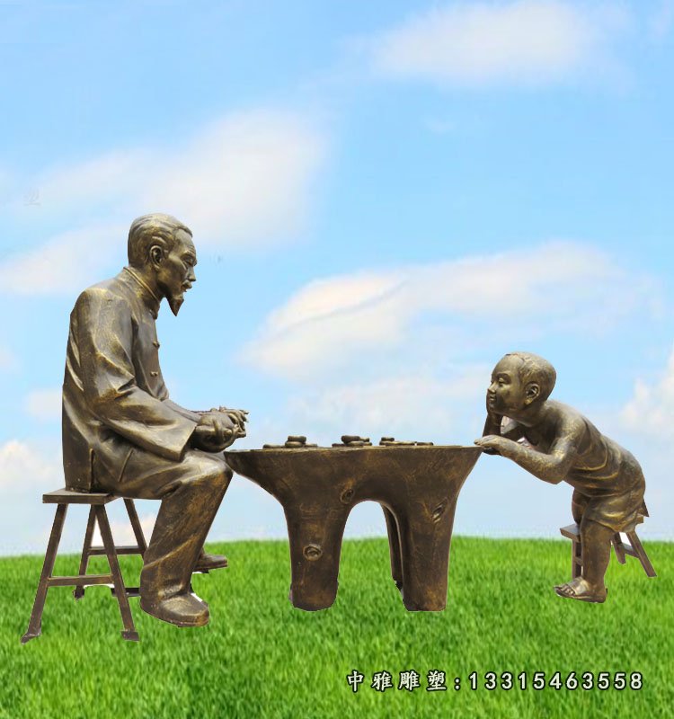 玻璃钢仿铜人物雕塑，下棋的人物雕塑 (2)