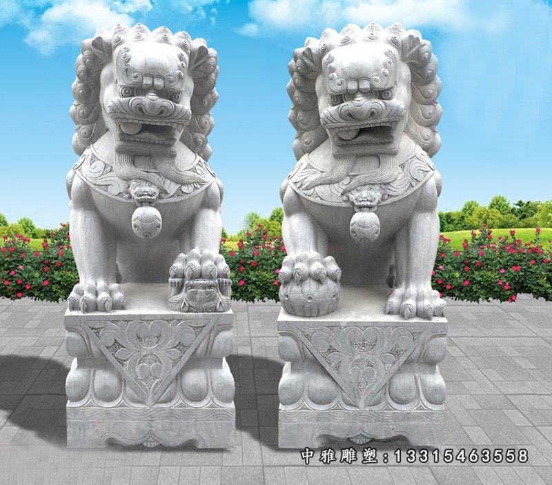 青石镇宅狮子，园林动物石雕
