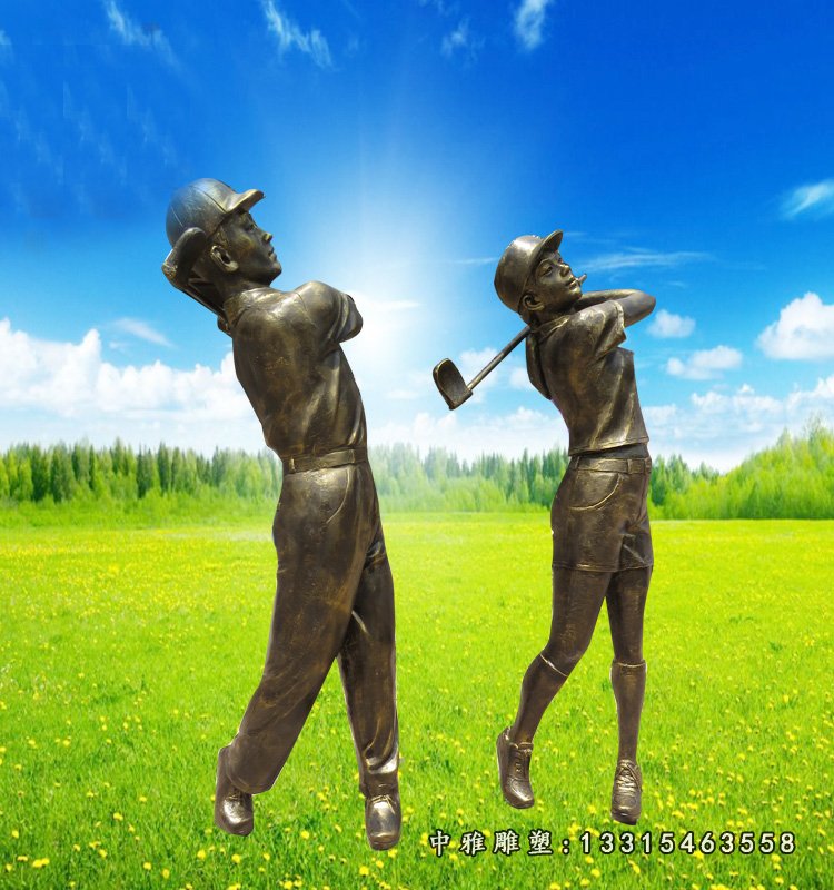 玻璃钢仿铜人物雕塑，打高尔夫球人物雕塑