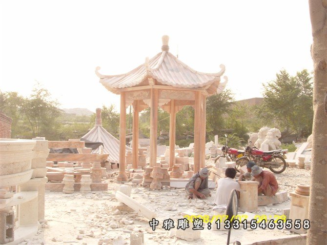 凉亭石雕，晚霞红凉亭雕塑