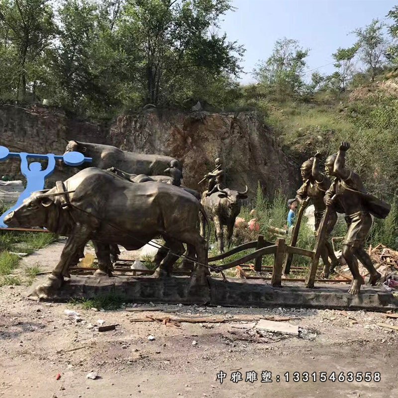 玻璃钢仿铜古代农耕文化人牛拉犁耕地牛雕塑 劳作人物耕种摆件10764