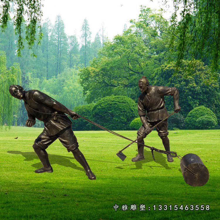 玻璃钢仿铜农耕人物，公园人物雕塑 (2)