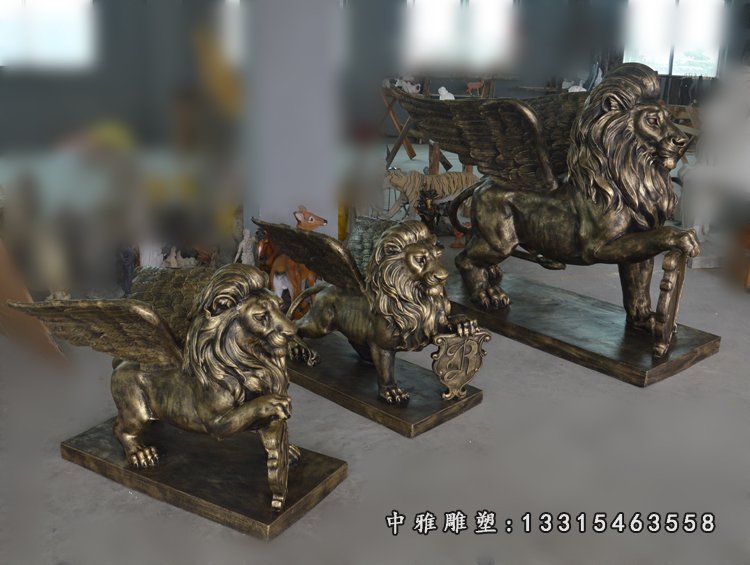 玻璃钢仿铜飞狮摆件 门口欧式狮子雕塑