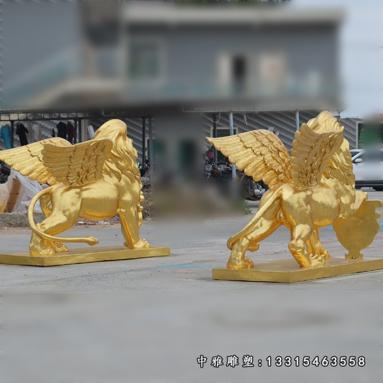 玻璃钢仿铜金色飞狮 门口欧式看门狮子 (2)