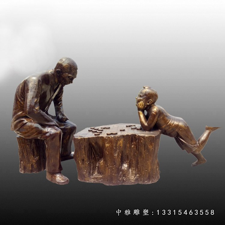 玻璃钢仿铜下棋人物雕塑，庭院景观摆件