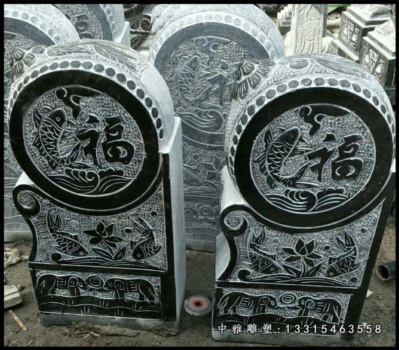 鲤鱼福字石浮雕抱鼓石雕塑，吉祥如意石雕