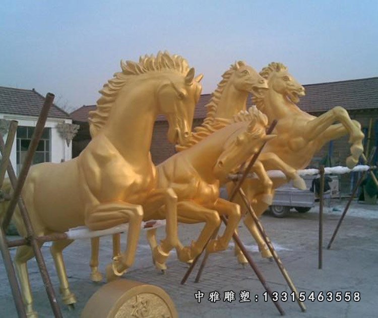 玻璃钢仿铜金色奔马 公园仿铜马雕塑