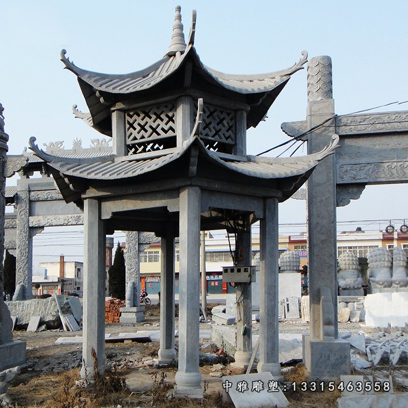 青石凉亭雕塑，双层石凉亭