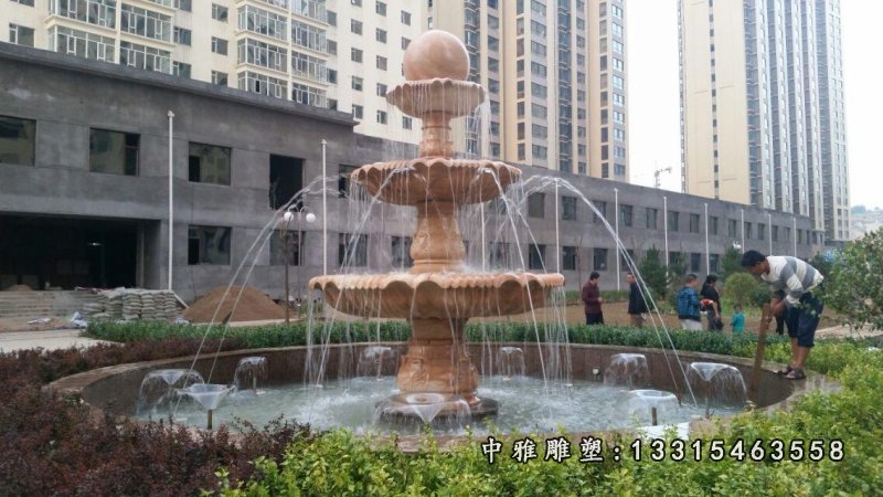 晚霞红三层风水球石雕 小区风水球喷泉石雕 (2)