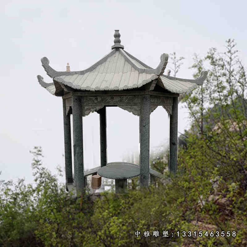 青石六角凉亭，公园景观石雕
