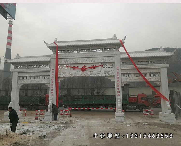 三门牌坊石雕 汉白玉村口牌坊雕塑