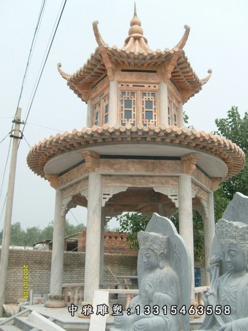 石凉亭，晚霞红凉亭，两层石凉亭
