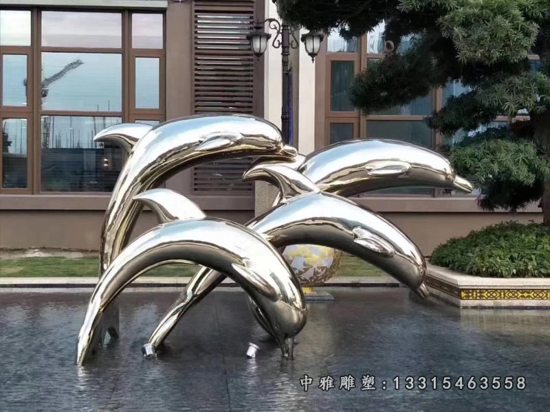 镜面不锈钢跳跃海豚雕塑 (1)