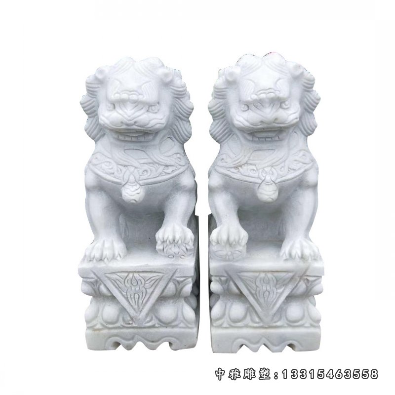 天然大理石汉白玉石雕狮子一对镇宅风水动物入口摆件9354
