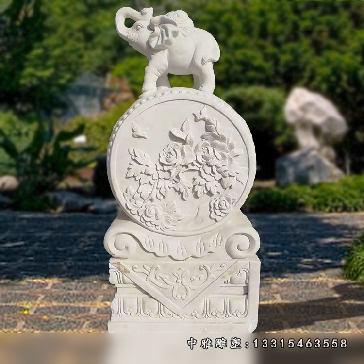 汉白玉牡丹浮雕门墩,小象石门墩