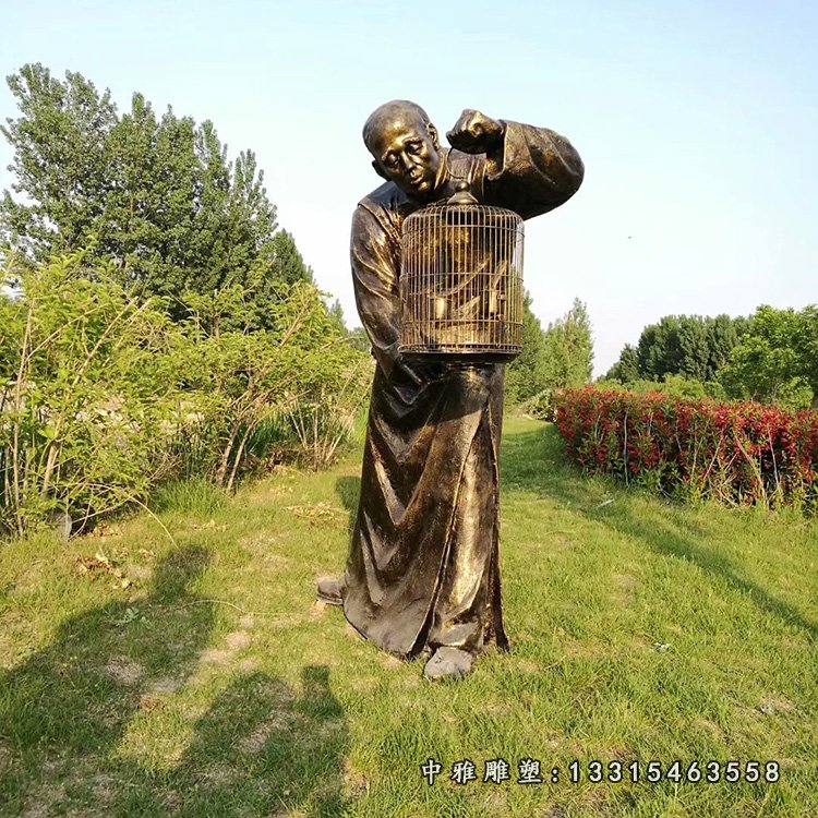 公园仿铜人物雕塑,玻璃钢仿铜遛鸟雕塑