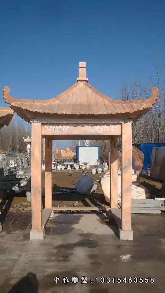 晚霞红四角石凉亭