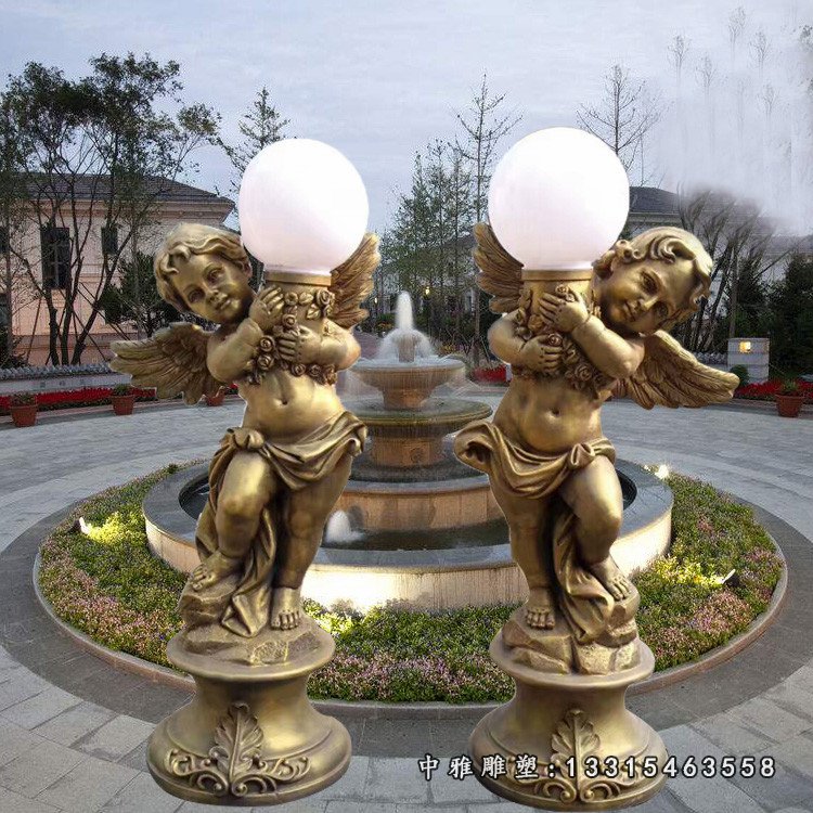 玻璃钢仿铜天使路灯雕塑,别墅景观摆件