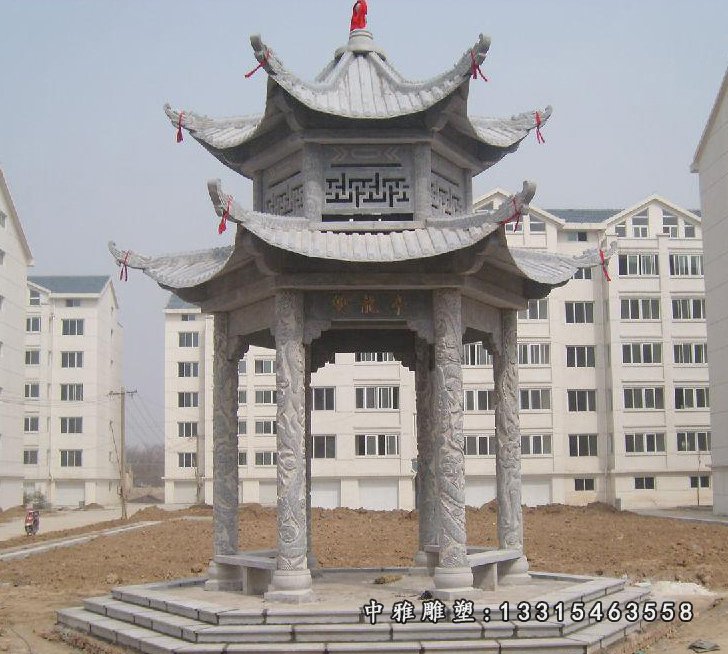 青石双层凉亭,小区景观石雕