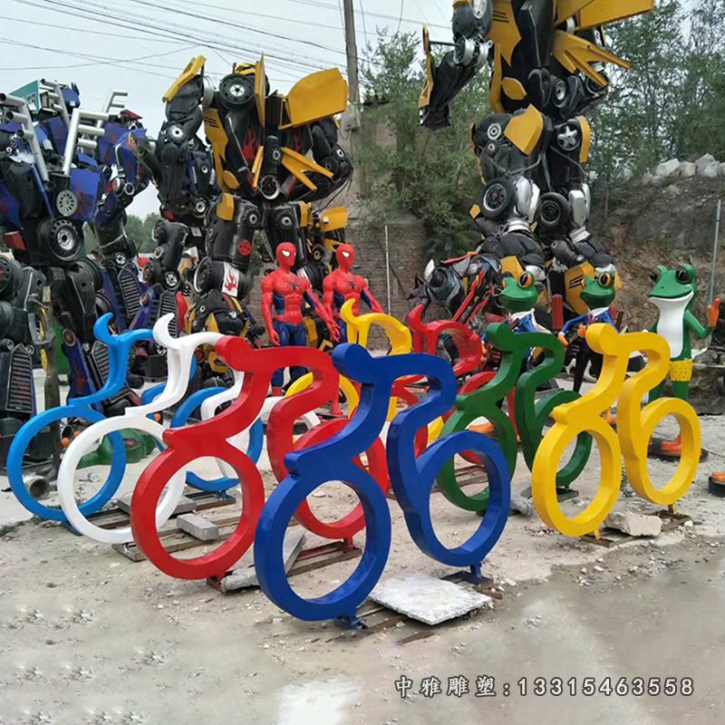 不锈钢抽象骑单车人物摆件,广场景观雕塑