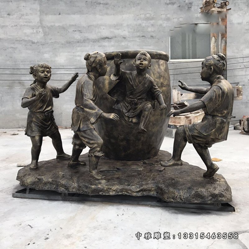 校园司马光砸缸雕塑 玻璃钢仿铜历史典故人物雕塑