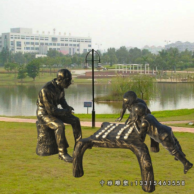 下棋的人物雕塑,玻璃钢仿铜人物雕塑
