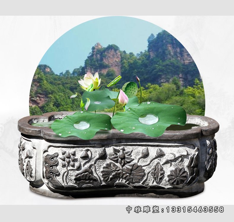 荷花石浮雕鱼缸,复古养鱼缸