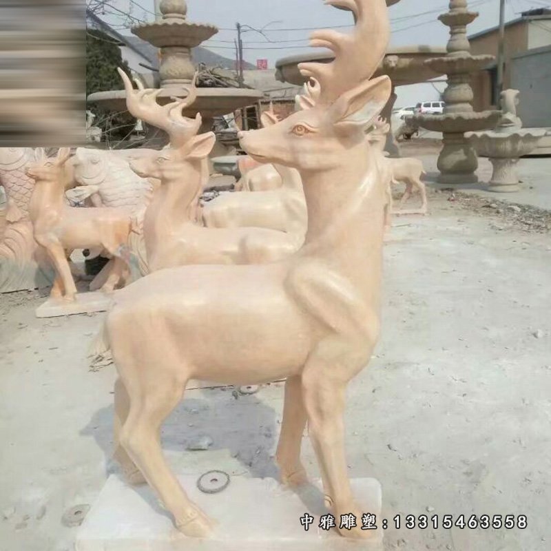 公园石雕小鹿摆件,晚霞红动物石雕