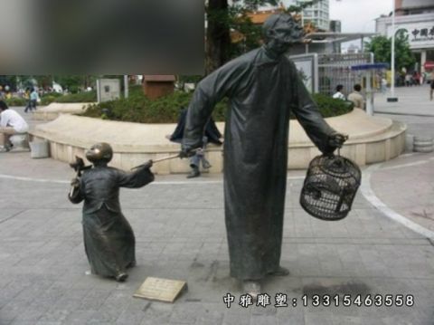 公园铜雕遛鸟人物