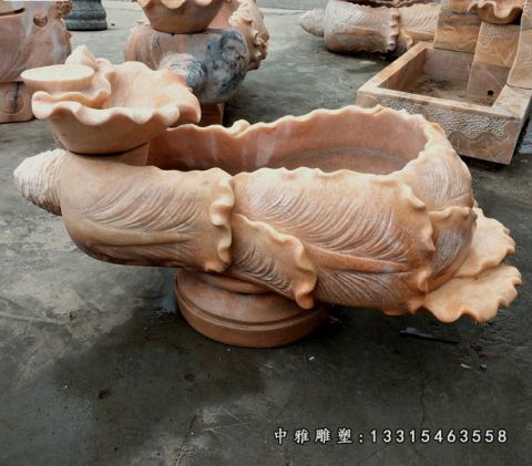 晚霞红石雕流水池摆件