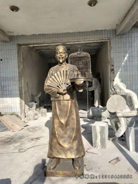 园林铜雕遛鸟人物雕像
